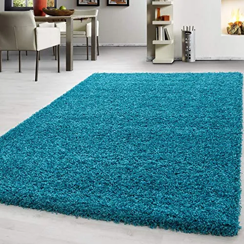 Teppium Moderner Hochflor Teppich Wohnzimmer 160x230 cm Türkis - Shaggy Flauschiger Teppich, Extra Weich, Pflegeleicht und Einfarbig - für Schlafzimmer, Küche und Esszimmer