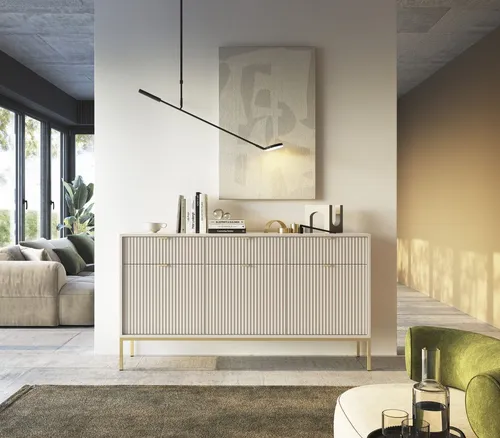 Selsey Sideboard VELLORE, 3-türig mit geriffelten Fronten und goldenem Gestell - Sideboards – Elegantes 3-türiges Design mit geriffelten Fronten und goldenem Gestell, ideal für stilvolle Ordnung und Stauraum in Ihrem Zuhause.