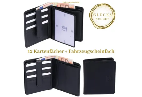GlücksNugget Herrenbörse aus Echtleder mit 12 Kartenfächern - Edle schwarze Geldbörse aus hochwertigem Echtleder, bietet Platz für 12 Karten und ist der ideale Begleiter für stilbewusste Herren.