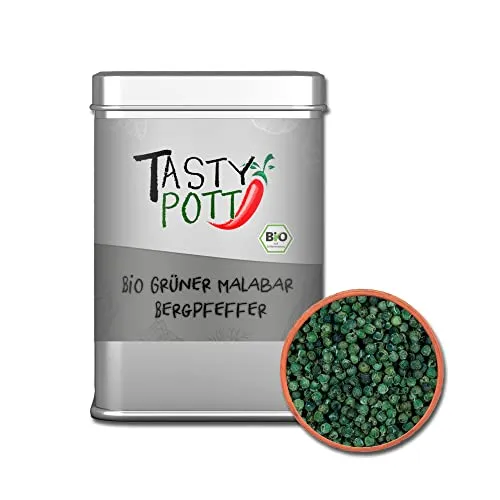 Tasty Pott Pfeffer Sortiment I Pfefferkörner I Feinkost I Spezialitäten I Pepper I Pfefferschoten I Gewürze I Gewürzmischungen (Bio Grüner Malabar Bergpfeffer 50g)