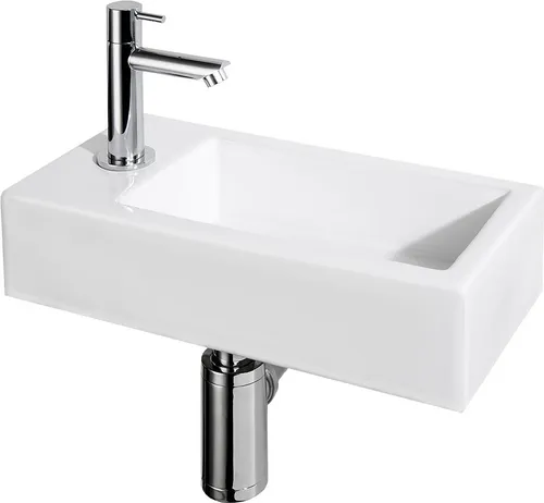Differnz Helios Waschbecken-Set – Keramik-Waschbecken 37,5x18,5x9,5 cm – Waschbecken-Set fürs WC mit linker Chrom-Wasserhahn – Aufsatzwaschbecken mit gerader Armatur und Standardgriff