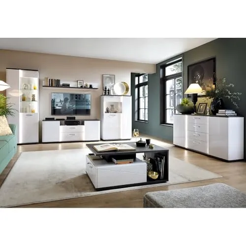 Lomadox Wohnzimmer-Set VISALIA-129, 6-tlg. in Weiß Hochglanz mit Eiche Schwarz - Modernes 6-teiliges Wohnzimmer-Set in Weiß Hochglanz mit eleganter Eiche Schwarz. Inklusive innovativer Beleuchtung und Softclose-Funktion für höchsten Komfort. Ideal zur individuellen Raumgestaltung!