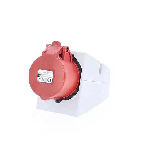 as - Schwabe CEE Steckdose Aufputz - CEE Wandsteckdose - 400 V, 16 A, 5-polig - Wanddose mit Klappdeckel - mit schlagfestem Gehäuse - mit Schraubanschlüssen - Made in Germany - IP44 - Weiß/Rot, 60430