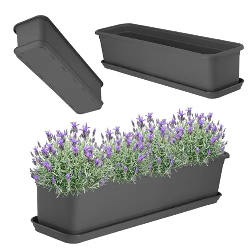 KADAX Blumenkasten 60 cm Anthrazit mit Untersetzer – Balkonkasten aus Kunststoff, Pflanzkasten für Innen- und Außenbereiche, Blumentopf für Balkon, Terrasse, Fensterbank