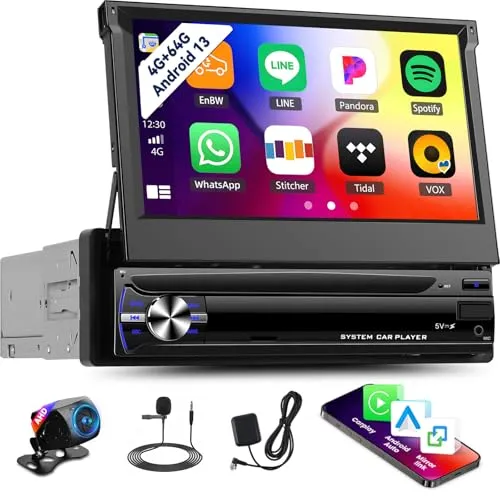 4+64G Android 13 1 Din Autoradio mit 7-Zoll Touchscreen - Digital Media-Receiver mit Wireless CarPlay und Android Auto, ideal für nahtlose Smartphone-Integration und GPS-Navigation.