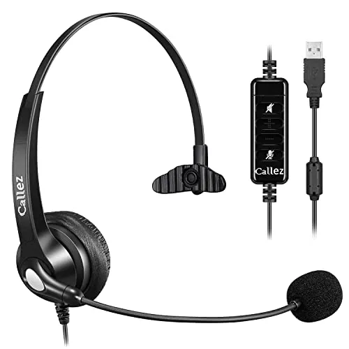 Callez USB Headset PC mit Mikrofon Noise Cancelling & Lautstärkeregler, PC Kopfhörer für Laptop Skype UC Lync SoftPhone Call Center Office Business, Kristallklar Chat, Super Leicht, Ultra Komfort