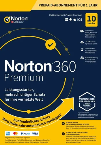 NORTON 360 PREMIUM 10 Geräte PC MAC MOB 1 Jahr Year Cloud ABO DIREKT MAIL @GWC