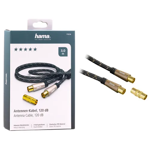 Hama Antennenkabel 3m 120 dB Koax Stecker-Kupplung vergoldet HDTV 75 Ohm 4 fach