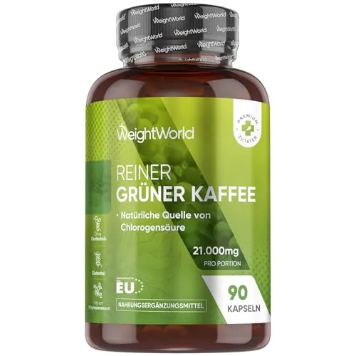Grüner Kaffee Kapseln 21.000mg - WeightWorld - Grüner Kaffee Kapseln mit 21.000 mg Kaffeepulver, natürliche Quelle von Chlorogensäure (CGA) für Ihre Gesundheit. 90 vegane Kapseln für 30 Tage, gemäß GMP Standards hergestellt.