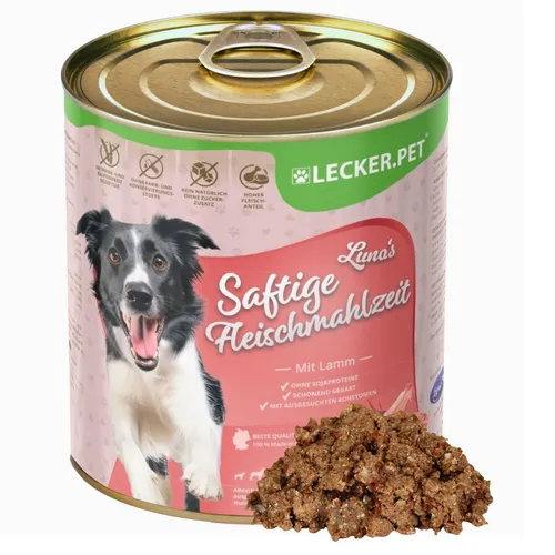 g Lecker.Pet® Luna's Saftige Fleischmahlzeit mit Lamm - Nassfutter für Hunde - Hundefutter mit 72% Lamm, getreidefrei und ohne künstliche Zusätze, ideal für alle Rassen und ernährungssensible Hunde, fördert die Gesundheit von Haut, Fell und Knochen.