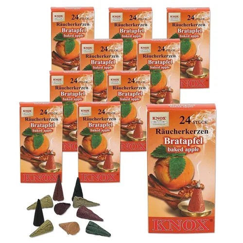 KNOX - 10er Set Räucherkerzen Räucherkegel Gr. M - Bratapfel - Genießen Sie den festlichen Duft von Bratapfel mit diesem 10er Set Räucherkerzen. Ideal für eine gemütliche Atmosphäre, brennen die Kegel bis zu 1 Stunde und bringen Farbe in jedes Zimmer.