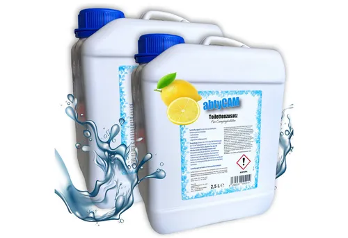 BlueCraft Sanitärflüssigkeit 2,5 L für mobile Camping Toiletten Sanitärzusatz Campingtoilettenreiniger (Toilettenzusatz WC Konzentrat Tankzusatz mit Citronenduft, [2-St. Sanitärkonzentrat für Abwassertank Zusatz für Chemietoiletten)