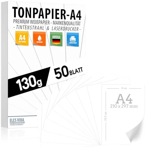 BLATT weißes Tonzeichenpapier 130g/m² - PREMIUM PAPIER Reinweiß - DIN A4-21 x 29,7 cm - Druckerpapier Weiss unbedruckt für Fotografie, Präsentationen, Basteln, FOTOKARTON, Karton - MADE IN GERMANY 50