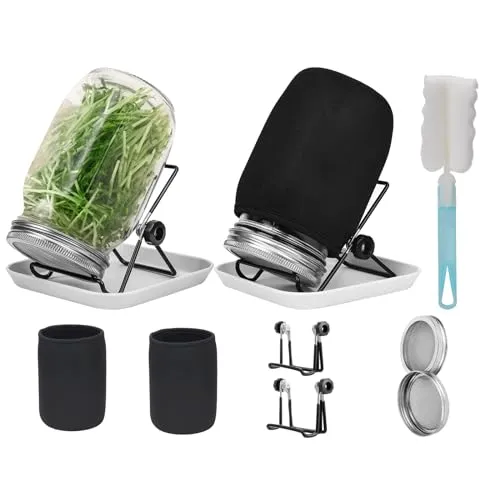 Hisredsun 1000 ml keimgläser-Set, 2 Einmachgläser mit breiter Öffnung und 304 Edelstahl-Siebkeimdeckel, 86 mm Kaliber, mit Tablett, Ständer, Schattiertuchbeutel und Dosenbürste