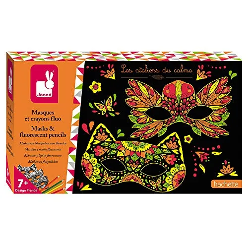 Janod - Set mit Masken und Neonstiften - Les Ateliers du Calme - Set für kreative Freizeitbeschäftigungen für Kinder - Entwicklung von Feinmotorik und Kreativität - Ab 7 Jahren, J07944