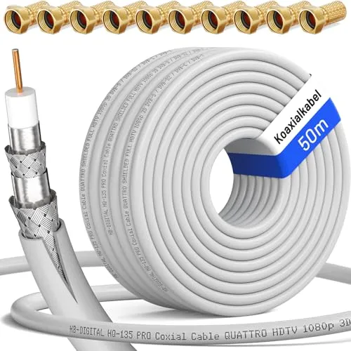 HB-DIGITAL 50m SAT Koaxiakabel 135dB 8K 4K UHD 4-Fach geschirmt für DVB-S / S2 DVB-C / C2 DVB-T / T2 DAB+ Radio + inkl. 10x vergoldete F-Stecker BK Anlagen - Stahl/Kupfer Innenleiter - Weiss