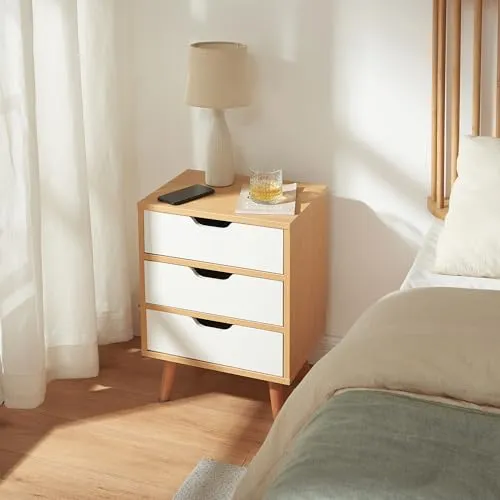 [en.casa] Nachttisch Bordkak mit 3 Schubladen – Eleganter Nachtschrank in Eicheoptik/Weiß