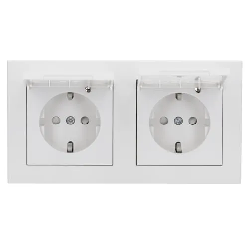 Panasonic Karre Plus 55 Komplett-Set: 2x WDTT03102WH Steckdose mit Klappdeckel + WDTF00022WH Rahmen 2-fach, reinweiß 55x55 mm + 2x WDTC07114NC Dichtungsset IP44