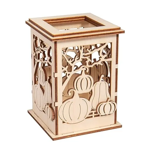 Rayher Holz Tischlaterne Kürbis, 8,5 x 8,5 x11,7 cm, Holzbausatz 11tlg, kleines Windlicht, für LED-Teelichter, Laterne, Holz FSC zertifiziert, 64031505, Natur