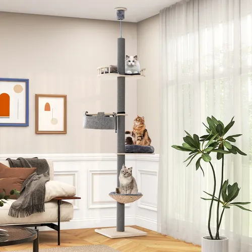 COSTWAY 5-stöckiger Kratzbaum, deckenhoch 236-271cm - Kratzbaum für Katzen mit 5 Ebenen, verstellbar für Deckenhöhen von 236-271 cm, platzsparend und ideal für kleine Räume.