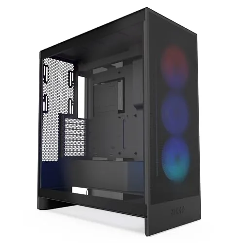NZXT H7 Flow RGB Gehäuse - PC-Gehäuse mit hervorragendem Luftstrom, unterstützt direkte GPU-Kühlung durch bodenmontierte Lüfter und bietet Platz für große Kühler bis zu 420 mm.