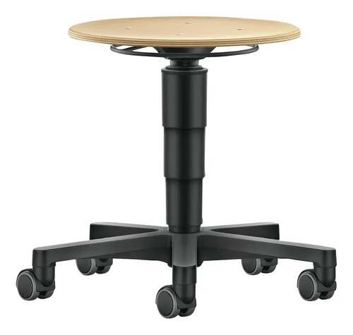 Bimos Drehhocker Holz Rundsitz mit Rollen - Bürostuhl mit verstellbarer Sitzhöhe von 450 - 650 mm, ideal für flexible Arbeitsplatzgestaltung und hohen Sitzkomfort.