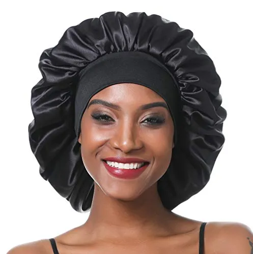 Seiden Schlafmütze Damen mit Langen Haaren Groß Satin Motorhaube Weiche Nachtmütze mit breitem Gummiband für Schlafen,Krebs,Chemo(L, Schwarz)