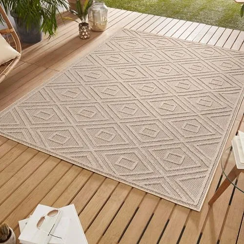 SIMPEX Outdoor Teppich, Rauten Design, Beige, 80 x 150 cm, Skandinavischer Stil, für Küche, Balkon, Terrasse, Garten, Picknick
