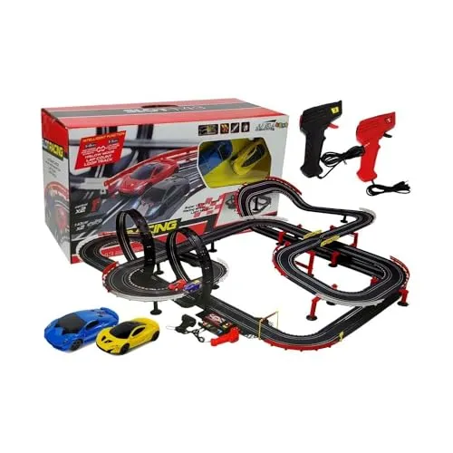 Riesenrennbahn 14 Meter - 1:43 mit Geschwindigkeitswechsel-Funktion - Rennbahn mit 14 Meter langer Strecke und 2 superschnellen Autos. Enthält Geschwindigkeitsmodi und Rundenzähler für maximalen Spielspaß.
