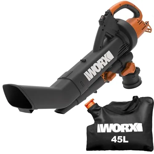 WORX WG505E Trivac Laubbläser & Laubsauger 3000 W - Laubgeräte mit 3-in-1 Funktion: Bläser, Sauger & Mulcher. Mit 335 km/h Blasgeschwindigkeit und 600 m³/h Saugvolumen für effizientes Arbeiten. 45L Fangsack für hohe Kapazität.