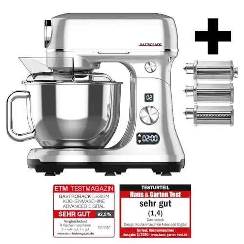 GASTROBACK Design Küchenmaschine Advanced Digital 20-teilig - Küchenmaschine für Bäcker & Köche: 600W Motor, 5L Edelstahl- und Keramikschüssel, inklusive Fleischwolfaufsatz für vielseitige Zubereitung von Pasta, Brot und mehr.