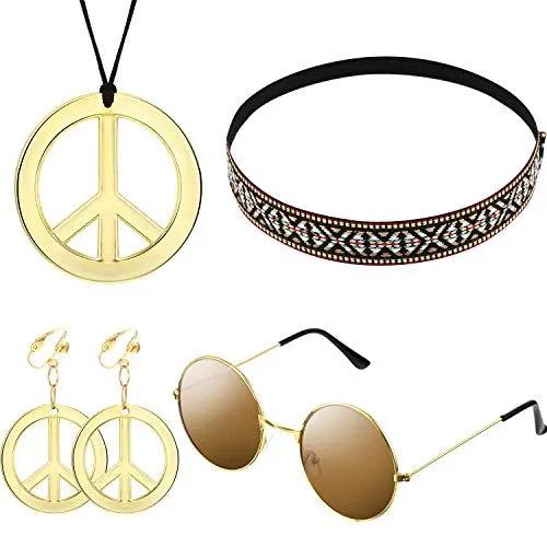 WILLBOND 4-teiliges Hippie-Kostümzubehör-Set für Damen, Hippiesonnenbrille, Ohrringe, Halskette, Friedenszeichen, Boho-Kopfband, für Halloween, Karneval