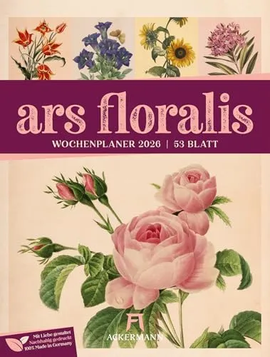 Ars Floralis Wochenplaner Kalender 2026 - Kunstgeschichte nach Thema & Konzept - Vintage Blumen-Wochenkalender im Hochformat (25x33 cm) mit kreativen Rätseln und Sudokus für eine inspirierende Planung.