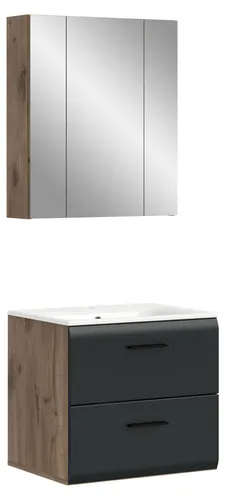 Ice Badmöbelset I4 Schwarz matt - Eiche Nachbildung - 3-teiliges Badmöbelset (B/H/T: 60x185x46 cm) mit elegantem Waschtisch und Spiegelschrank. Modernes Design, hochwertige Materialien und viel Stauraum. Ideal für stilvolle Badezimmer.