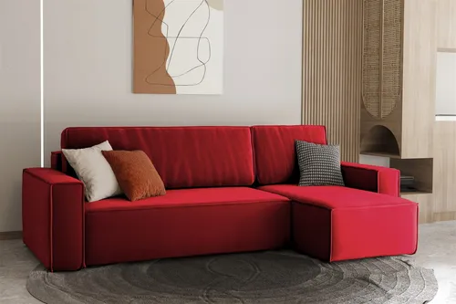 Ecksofa Schlafsofa MARIS Stoff Rot mit Ottomane Rechts - Schlafsofa MARIS in Rot mit Schlaffunktion und Bettkasten, ideal für Übernachtungsbesuch. Hochwertiger Stoff Swing, der flüssigkeitsabweisend und abriebfest ist.