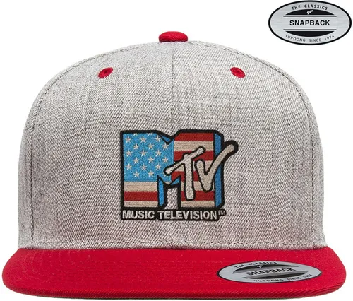 MTV American Flag Premium Snapback Cap Heather-Grey-Red - Stylische Baseballcap in Grau mit auffälligem amerikanischem Flaggen-Design. Ideal für Herren, sorgt für einen trendigen Look und ist perfekt für jeden Anlass.