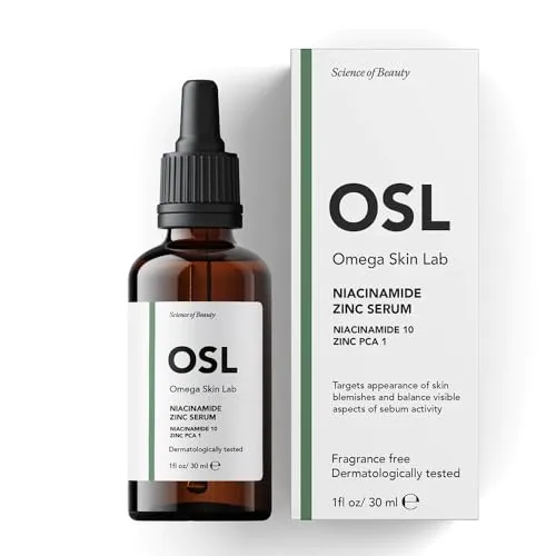 OSL Omega Skin Lab OSL Niacinamid-Zink-Serum (10% Niacinamid, 1% Zink) – 30 ml Gesichtsserum für Porenhaut, fettige Haut und Hautunreinheiten – freundliches und wirksames Hautpflegeserum
