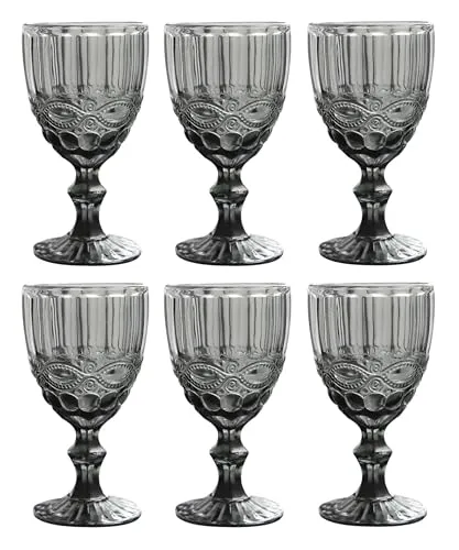 GMMH Vintage 6er-Set Farbige Weingläser und Trinkgläser mit Prägung Relief (Schleife, Grau, Weinglas) Kelch, Trinkglas, Wasserglas, Longdrinkgläser, Cocktail Gläser, Glas, Glaskelche