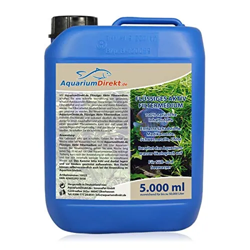 AquariumDirekt Flüssiges AKTIV Filtermedium (Der Wasseraufbereiter entfernt Schadstoffe, Medikamente, Schwermetall und Chlor für Süß- und Seewasser Aquarium), Größe:5 L