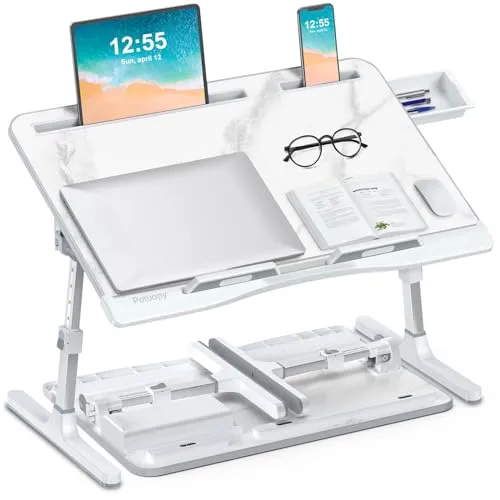 Betttisch, Potuopy verstellbare Höhe Winkel X-Large Laptoptisch, Faltbare Laptop Tisch für Bett für die Arbeit Lesen Essen auf dem Bett Sofa Boden (Marmor, 60 * 40cm)
