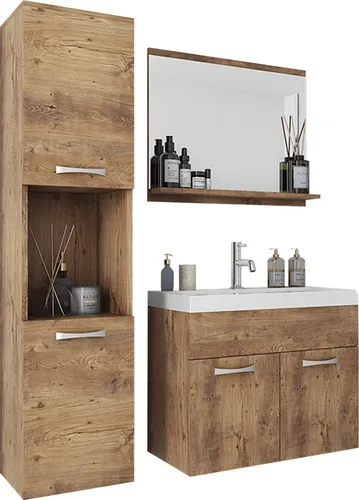 Mirjan24 Badmöbel-Set Braun, 30x132 cm – Stilvolle Badezimmerlösungen - Elegantes Badmöbel-Set aus hochwertigem Holzwerkstoff, inklusive Waschbeckenschrank und Spiegel. Ideal für eine moderne Badgestaltung – einfach zu montieren und platzsparend.