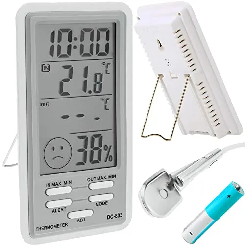 Retoo Thermometer Hygrometer Innen, Außen mit LCD Display, Außensensor, Thermo-Hygrometer mit Temperaturanzeige, Uhr, Raumthermometer, Digital Funkwetterstation, Luftfeuchtigkeitsmesser