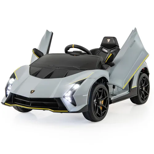GOPLUS Kinder Elektroauto Lamborghini, 12V Kinderauto mit Fernbedienung & LED-Lichter & Musik, Hupe, Transportrollen, Elektrofahrzeuge 2-4 Km/h, Grau