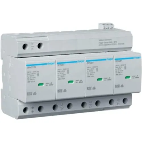 Hager Überspannungsableiter B + C Typ 1 + 2 4P TN-S/TT Iimp = 100kA Up≤1,5kV - Verteilerkästen mit umfassendem Überspannungsschutz, ideal für maximale Sicherheit in elektrischen Installationen.