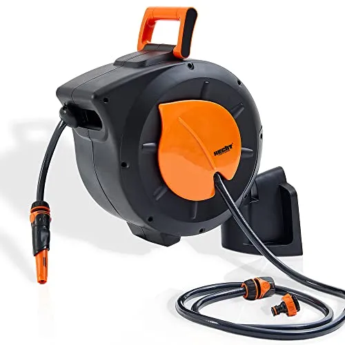 HECHT Automatik Wand Schlauchtrommel – 20m oder 30m Gartenschlauch - Schlauchtrommel mit automatischer Aufrollfunktion, schwenkbar und inklusive Wandhalterung für eine einfache Bewässerung im Garten.
