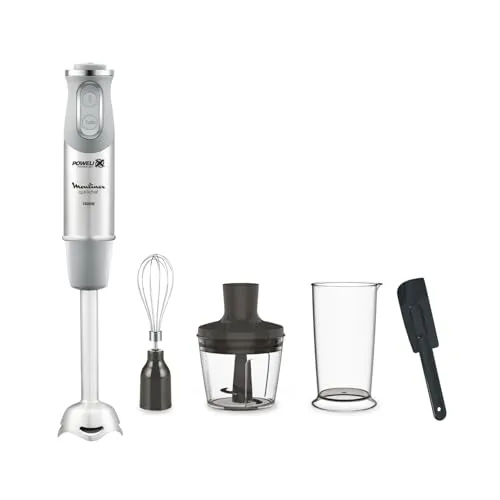 Moulinex Quickchef DD655DES Stabmixer + Spatel, Metallfuß, 1000 W, 10 Geschwindigkeiten, Powelix-Klingen, Zerkleinerer 500 ml, Messbecher 800 ml, Grau