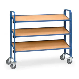 Fetra Eurokastenwagen 2883 mit Holzböden - Montagewagen mit 3 Etagen, ideal für 12 Eurokästen. Neigbare Böden und hohe Tragkraft von 250 kg für effiziente Nutzung.
