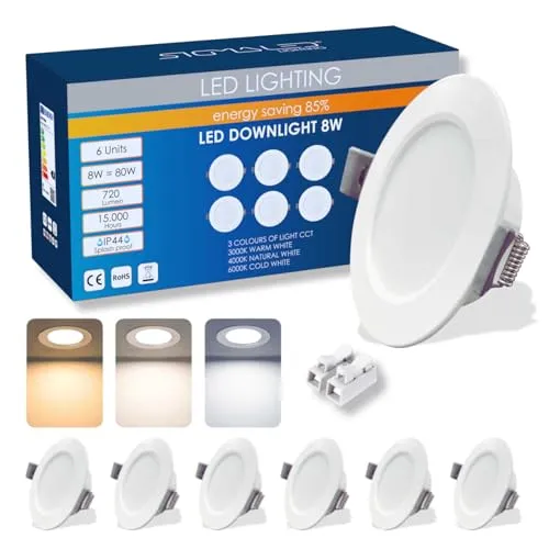 Sigmaled lighting – 6x LED Einbaustrahler 8W 720 lm, 3 Farbtemperaturen 3000K 4000K 6000K, IP44 Bad, ultraflach, Ausschnitt Ø95–110 mm, 220–240V, Gipskarton, Innen und Außen überdacht