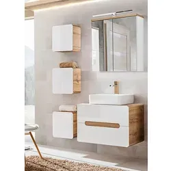 Lomadox Badmöbel-Set LUTON-56 in Hochglanz Weiß - Stylisches Badmöbel-Set mit grifflosen Fronten und Soft-Close-Funktion. Inkl. Waschtisch und Spiegelschrank für eine moderne Badezimmergestaltung.