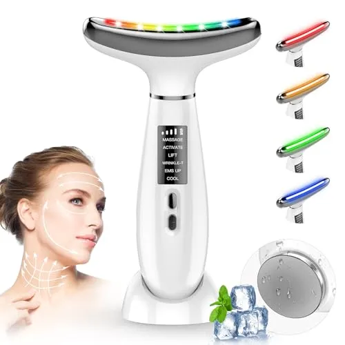 Elektrische Gesichtsmassagegerät Anti Falten, EMS Facelifting Gerät mit 6 Modi, Temperatur 45 °C Gua Sha Elektrisch für Anti-Aging, Straffung und Festigung schlaffer Haut (4-Farben-LED-Modus-weiß)